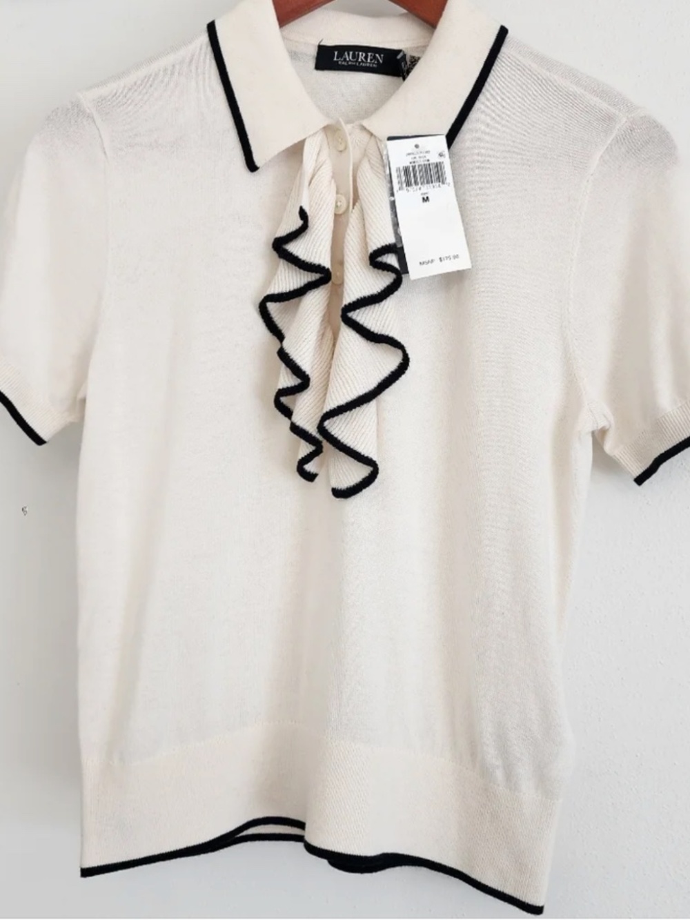 NWT $125 Lauren Ralph Lauren Ruffle Trim Short Sleeve Polo Sweater - Sz M - Picture 4 of 10